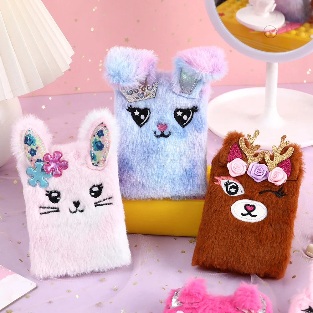 Mini Notebook Daily Planner Kids Pocket Book Plush Notebook Journal Book Girls School Stationery Furry Cute Cartoon Portable