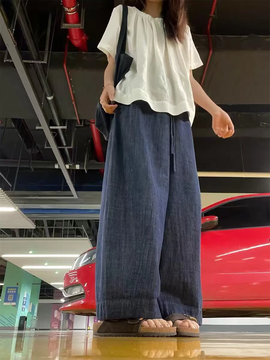 High Waist Wide Leg Blue Jeans Women's Summer Thin Loose Fitting Straight Cut Trousers Vintage Style Casual High Waist Jeans