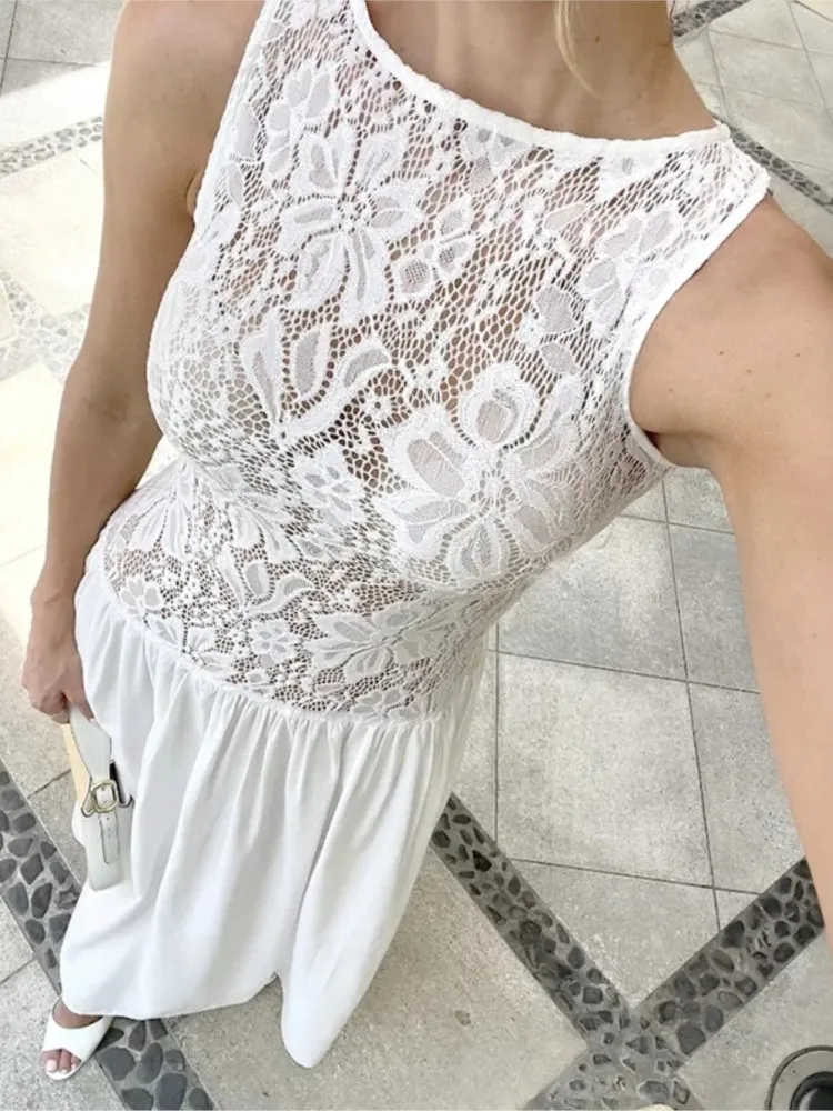 Elegant White Long Dress Women Lace Print Patchwork See-Through Sleeveless Maxi Dresses 2025 New Summer Gown Evening Party Dress