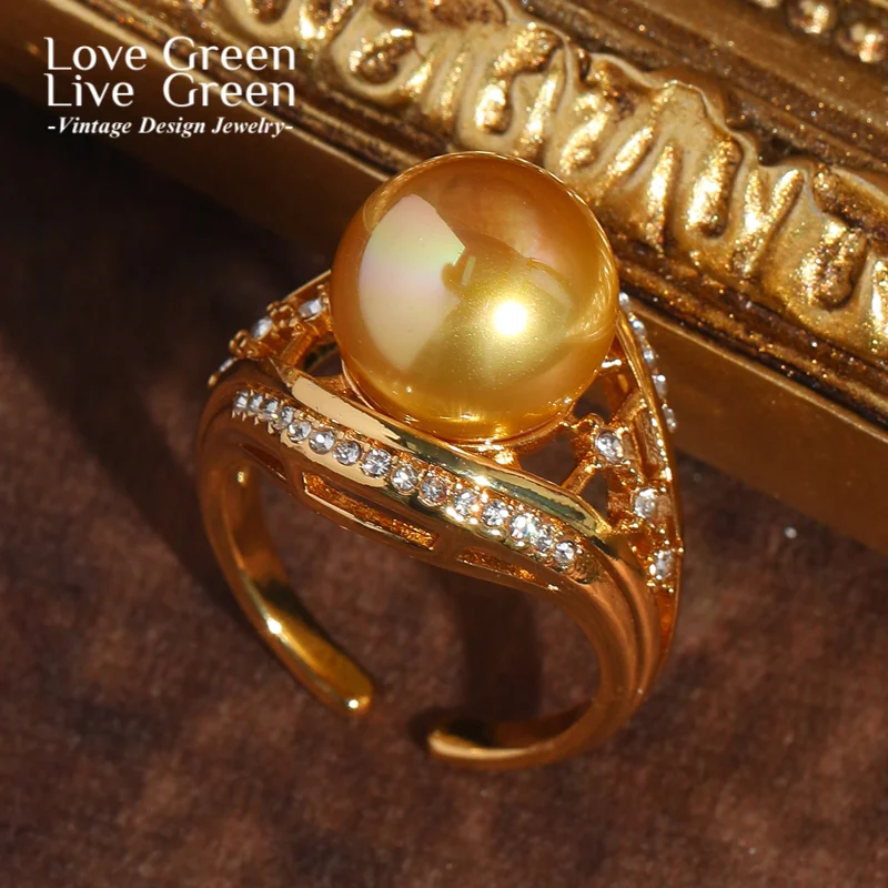 

Vintage Gold Color Wedding Pearl Rings Champagne For Women Rhinestone Adjustable Quality Luxury Jewelry Designer Gifts 2025