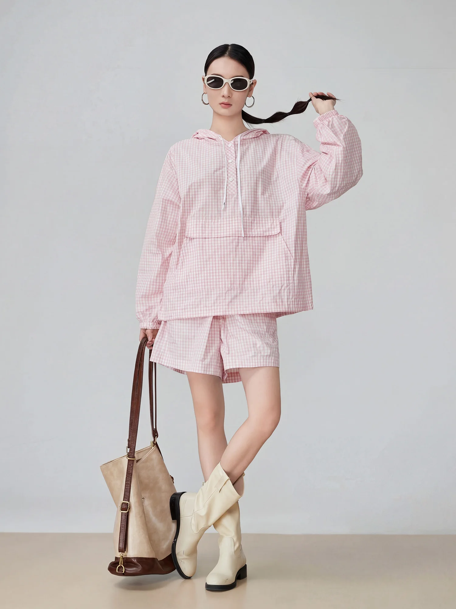 

Pink Plaid Hooded Sun Protection Casual Sportswear Set Women's Loose Korean Style Shorts Two-Piece Spring Summer New Arrival