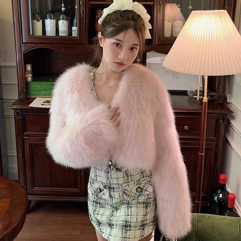 معاطف نسائية من فرو الثعلب الصناعي سترات قصيرة متينة بأكمام طويلة ورقبة على شكل V غرزة مفتوحة فرو سميك دافئ فضفاض مناسب غير رسمي لخريف وشتاء 2025 #1