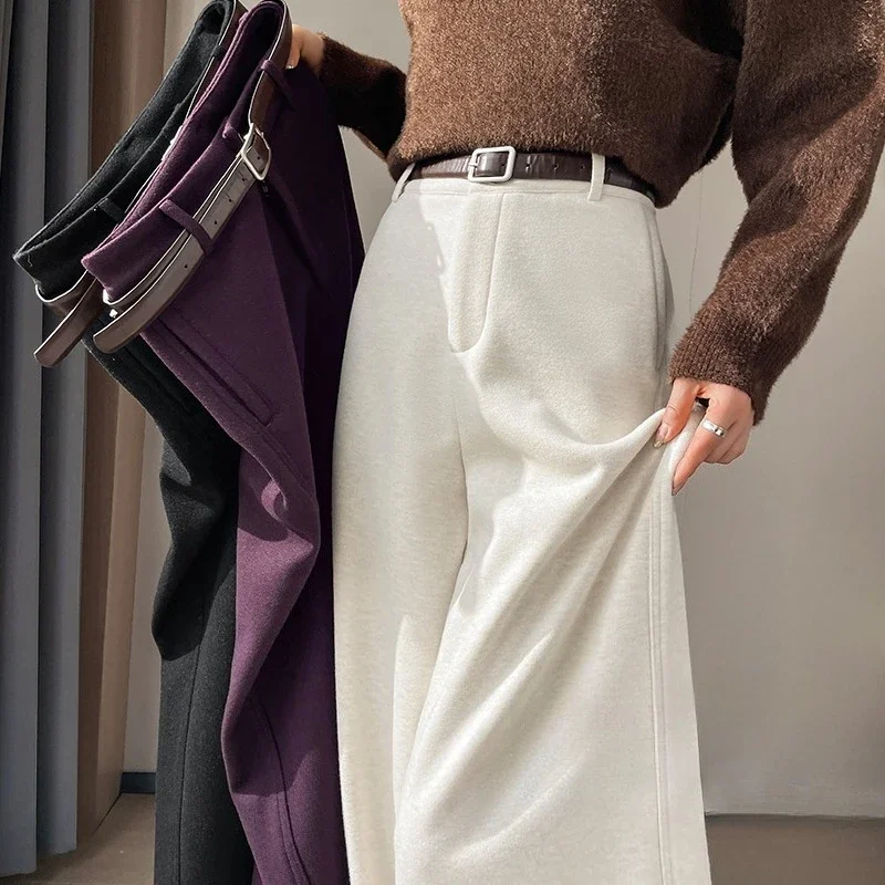 

Тонкие повседневные брюки с высокой талией для женщин 2026, осень-зима, новые брюки из ацетатной шерсти с изогнутыми ножками, утягивающие шерстяные широкие брюки