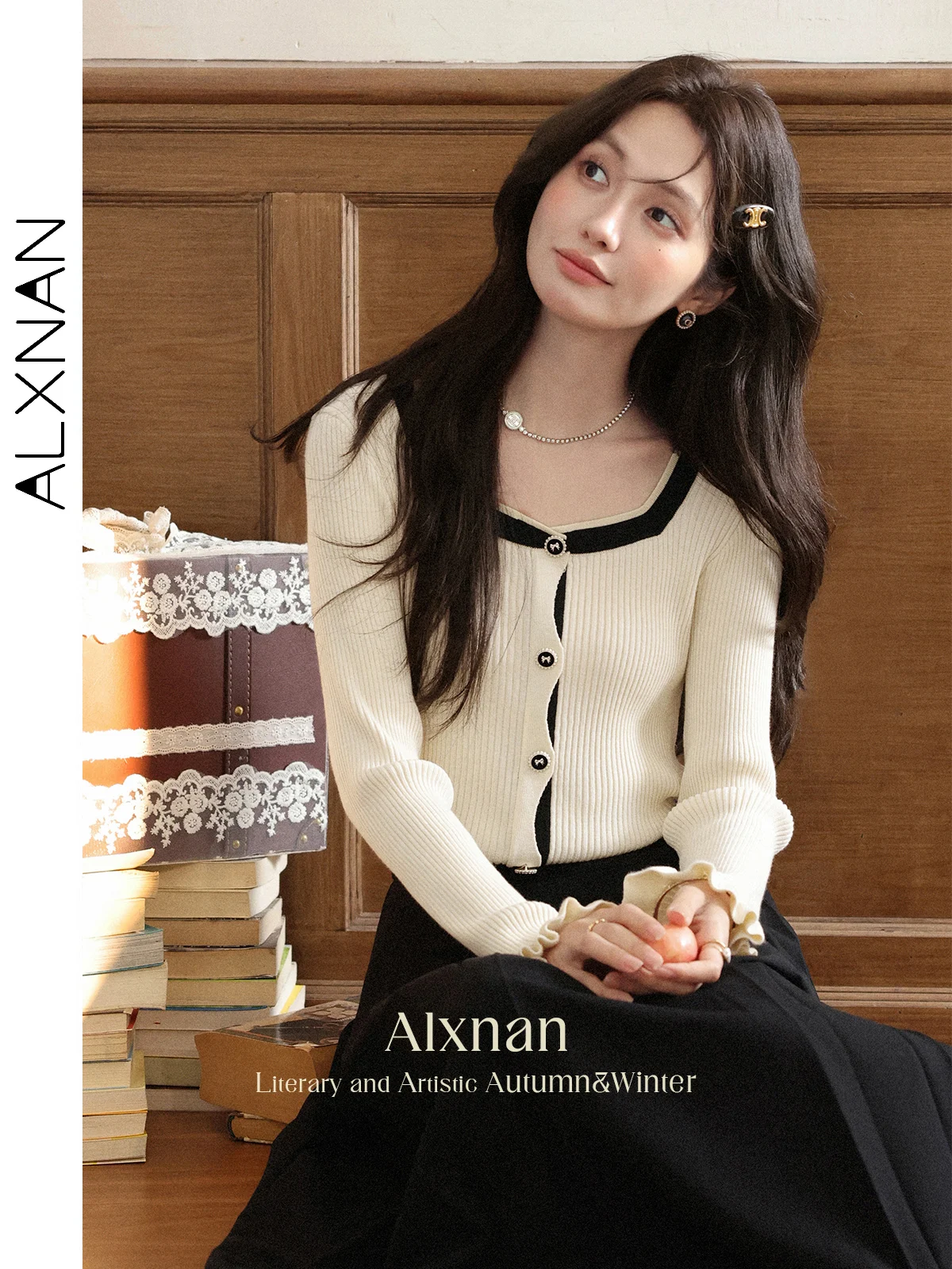 

ALXNAN Women's Pullovers Apricot Slim-fit Contrast Color Long Sleeve Sweaters 2025 Autumn Casual Elegant Knitwear Tops L56731