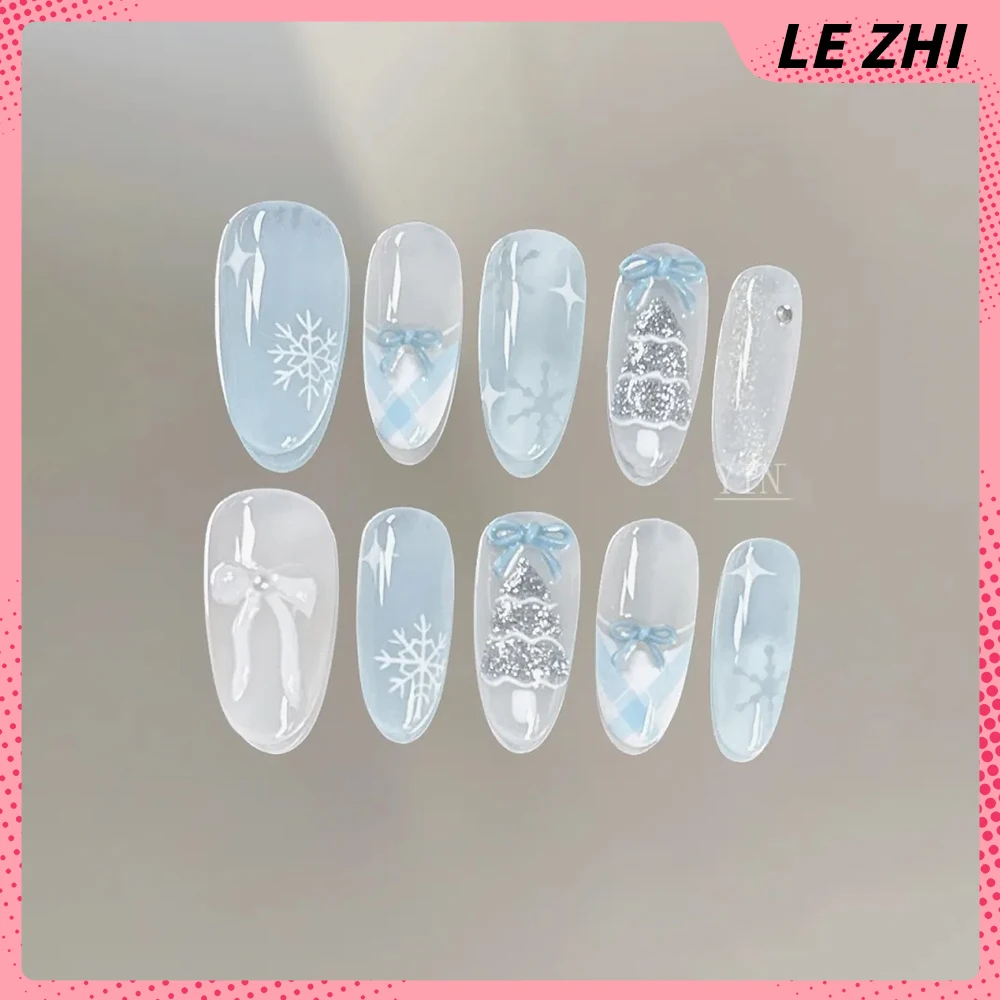 Gentle Elegant Candy Colors Long Coffin Ellipse Handmade Press On Nails Bowknot Pearl Diamond Cherry Snowflakes Fake Nails