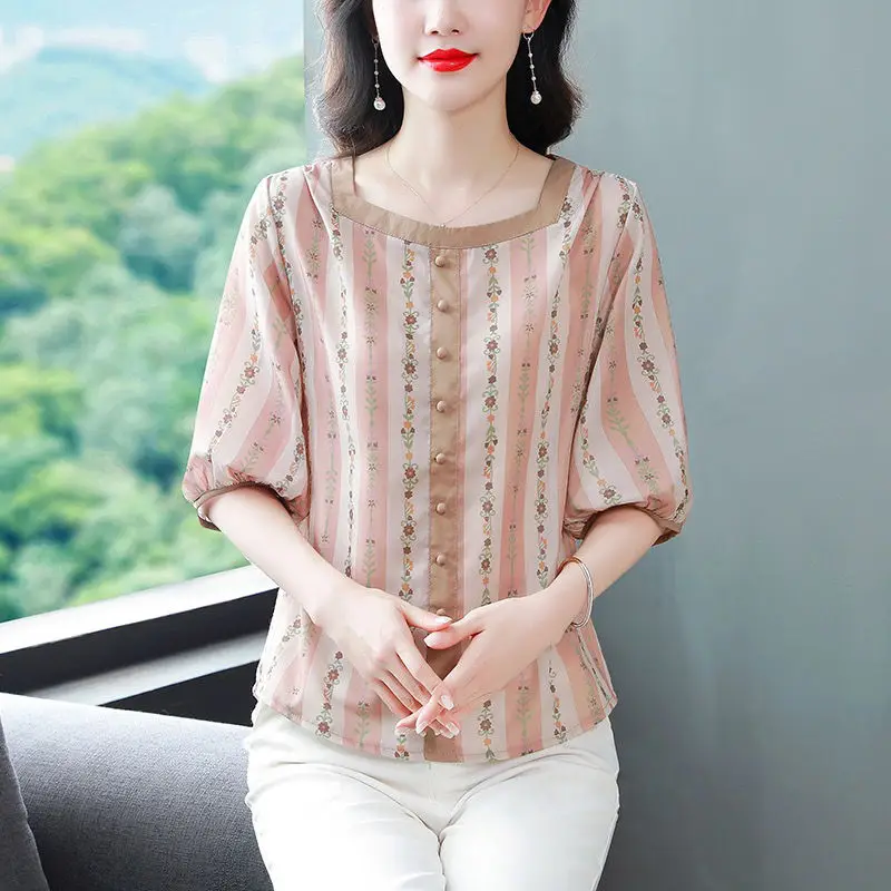 Spring Summer Women's Floral Button Lantern Half Sleeve Square Collar T-shirt Printed Chiffon Fashion Casual Prairie Chic Tops