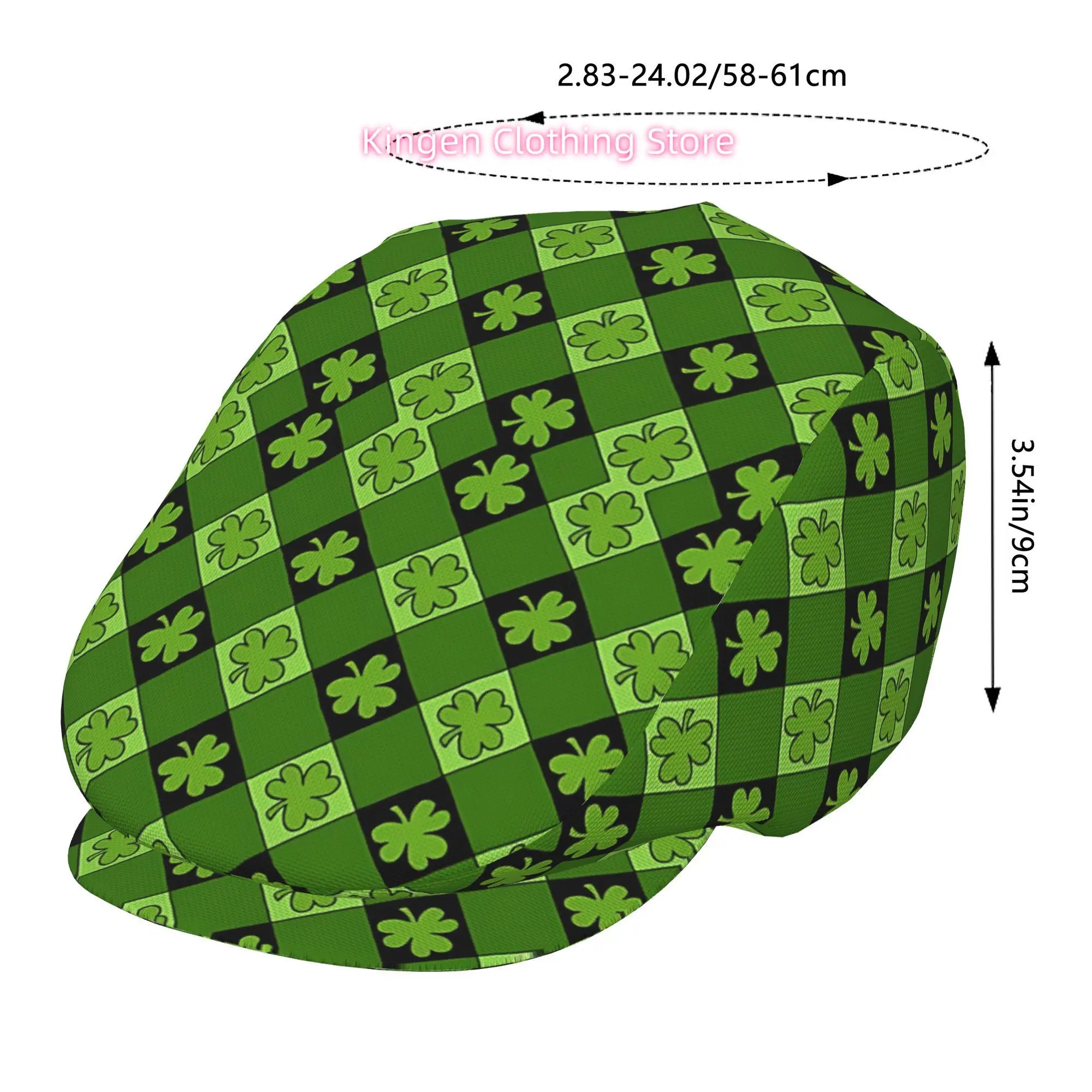 1pc Adjustable Unisex Clover Checkered Flat Cap - Retro Irish Cabbie Ivy Newsboy Beret Hat with Green Clovers & Black Checkered