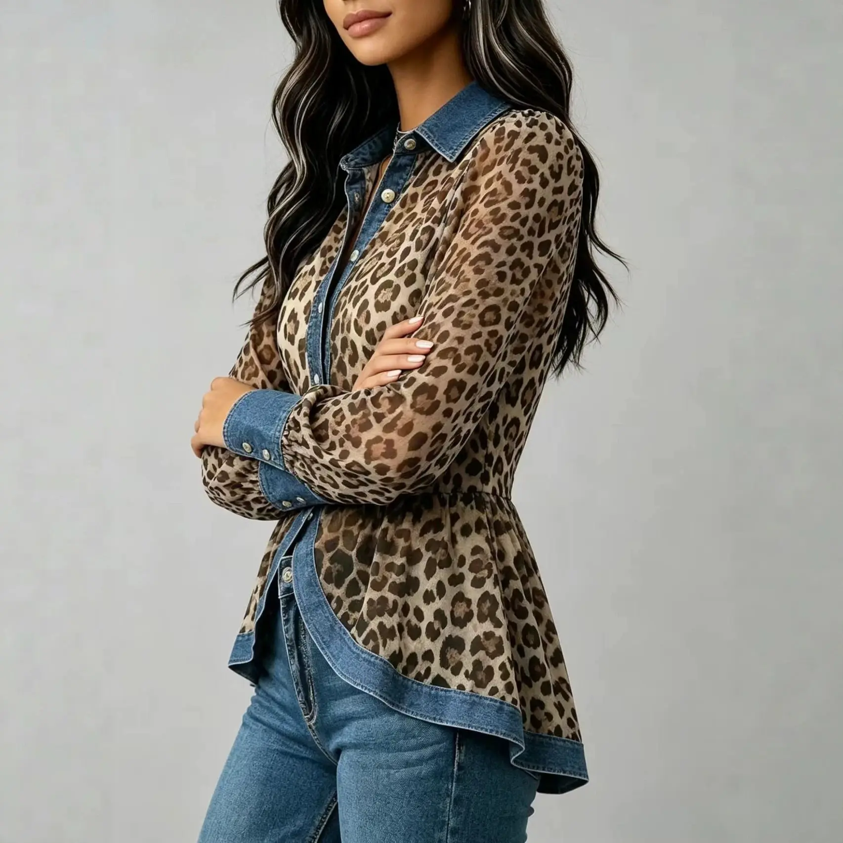 

Women's Leopard Print Sheer Chiffon Peplum Blouse Denim Spliced Long Sleeve Button Down Shirt Casual Western Style Tops Shirt