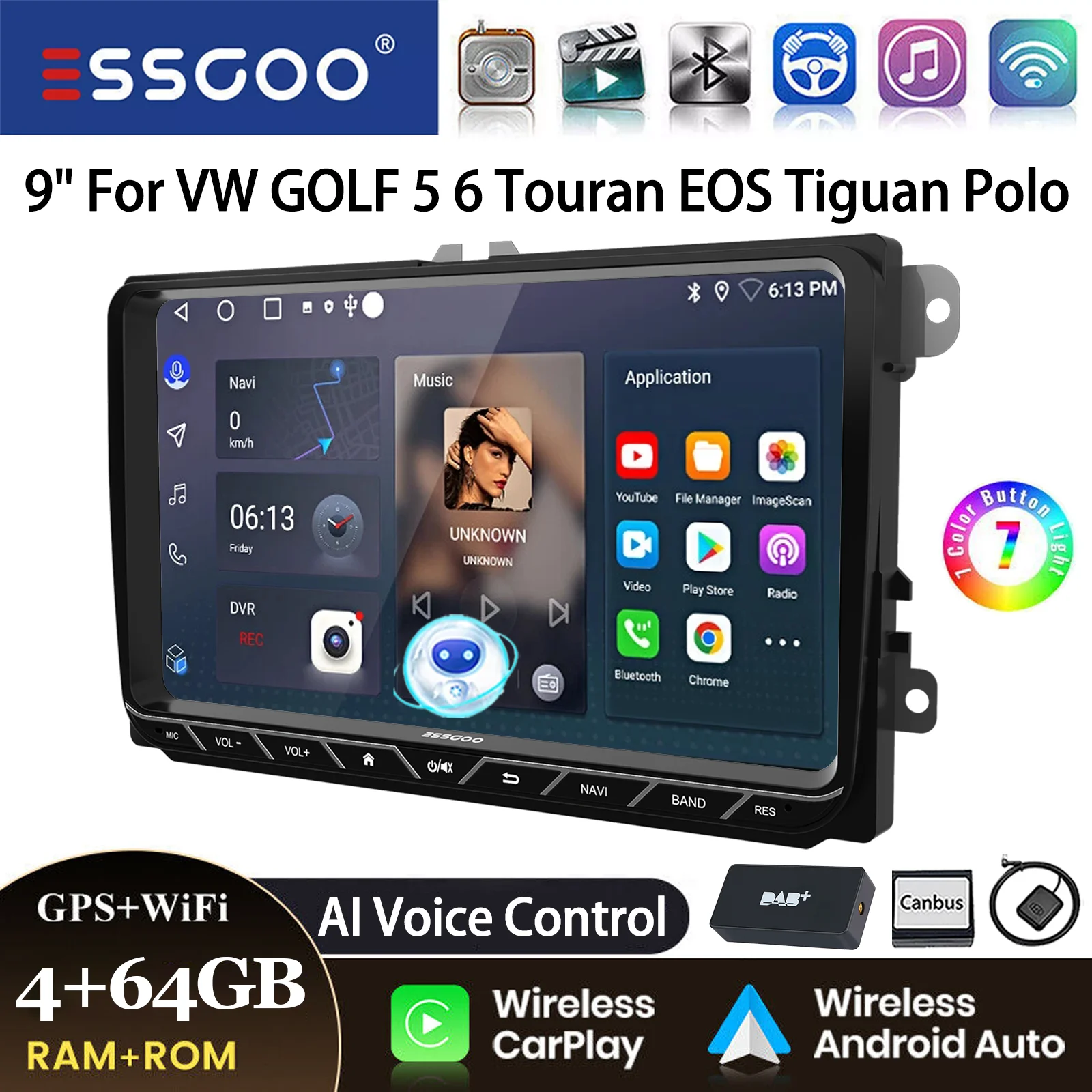 ESSGOO Android 14 Autoradio 9" 4+64GB CarPlay voor VW Golf 5 6 Passat B6 B7 Polo 6R Touran Tiguan Caddy EOS Jetta T5 Seat Skoda GPS Navigatie WIFI FM Bluetooth RDS Touchscreen Mirror Link