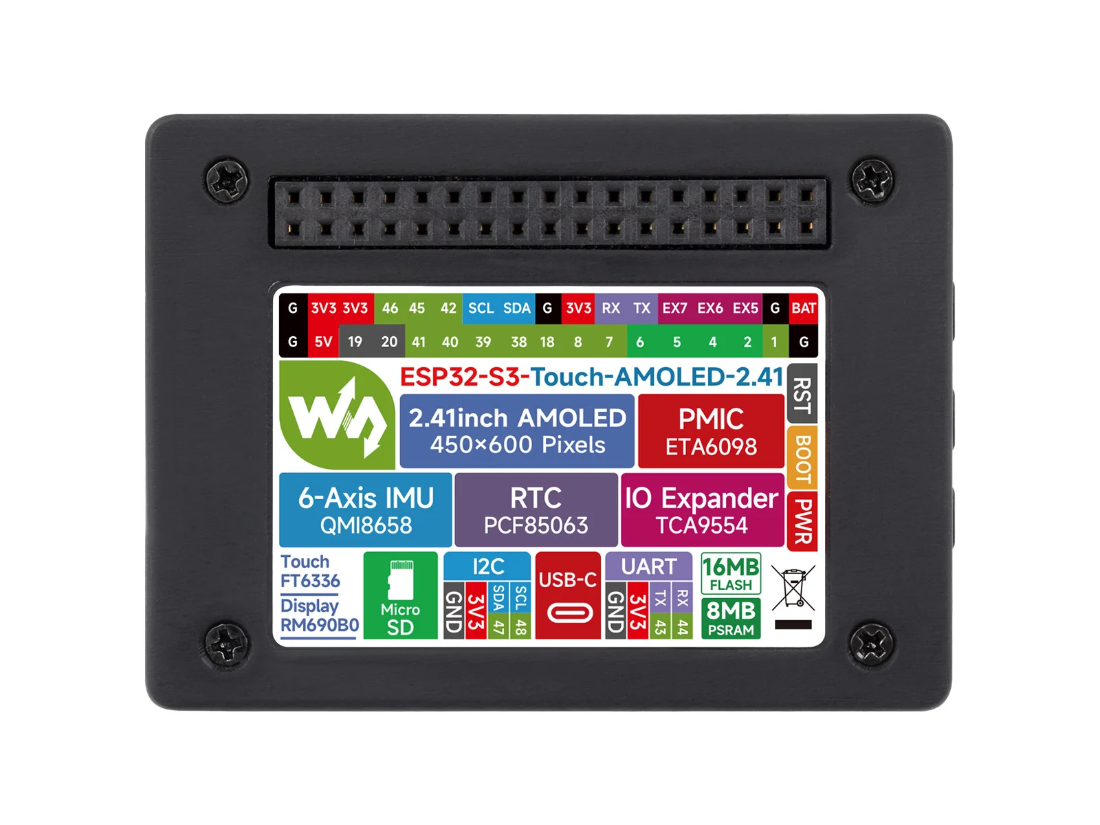 ESP32-S3 Placa de desenvolvimento de tela de toque AMOLED de 2,41 polegadas, 600 × 450, processador dual-core LX7 de 32 bits, acelerômetro e giros integrados