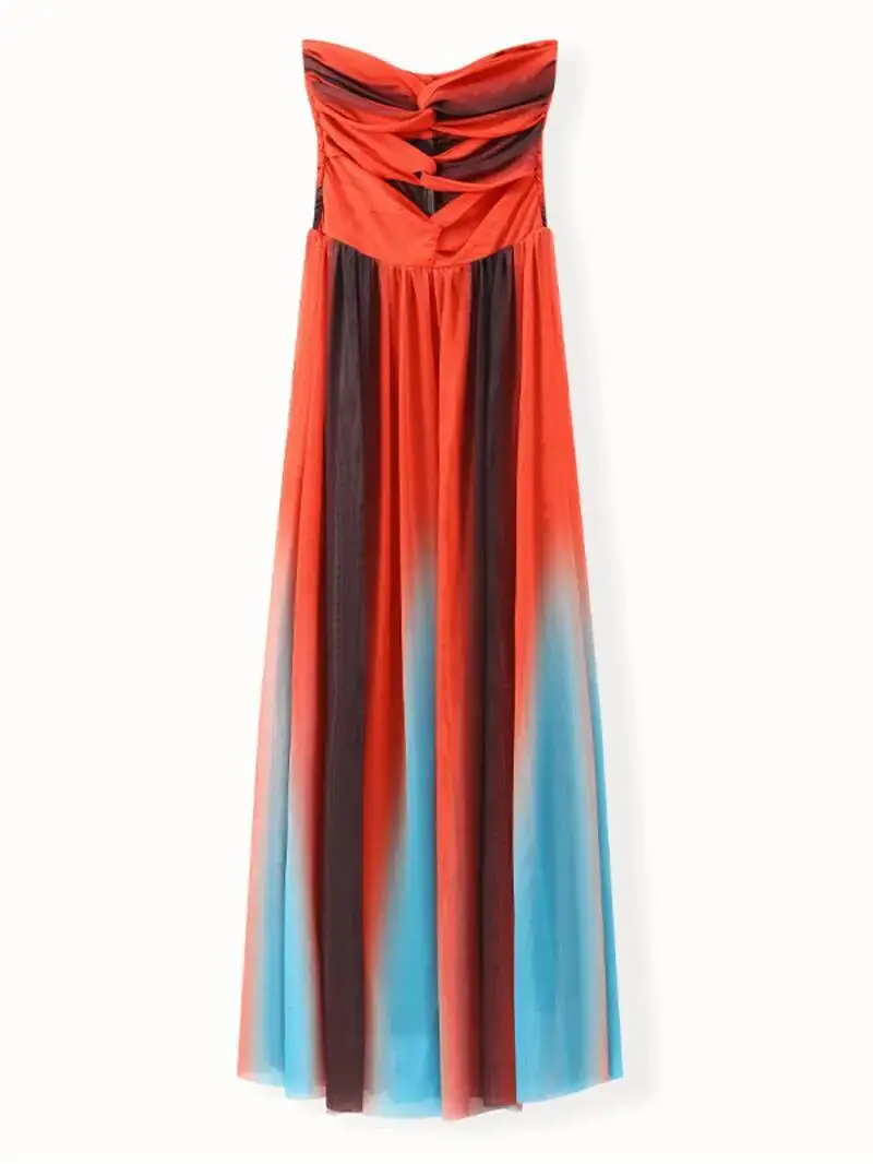 Summer New Colorful Print Beach Dress For Women Sexy Hollow Out High Waist Pleated Maxi Dresses Vocation Female Vestidos YX5E