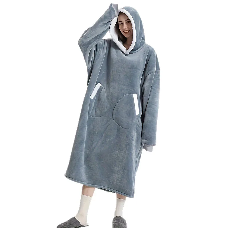 Winter Thickened Flannel Fleece Hooded Wearable Blanket Long Sleeve Warm Coldproof Double Pockets Casual Soft Adult Homewear
