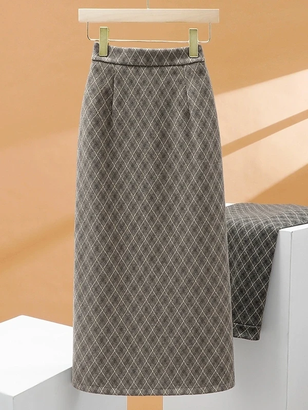 

plus Size 300 Pou Plaid Woolen Midi Skirt Women's Autumn Winter Korean Sle A-Line Slimming Skirt Casual High Waist