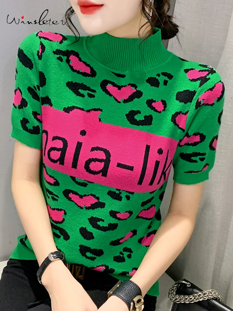 

Leopard Knitted T-shirt Women Letters Color Block Mock Neck Short Sleeve Tops Tees Knitwear Spring Summer 2022 T24703X