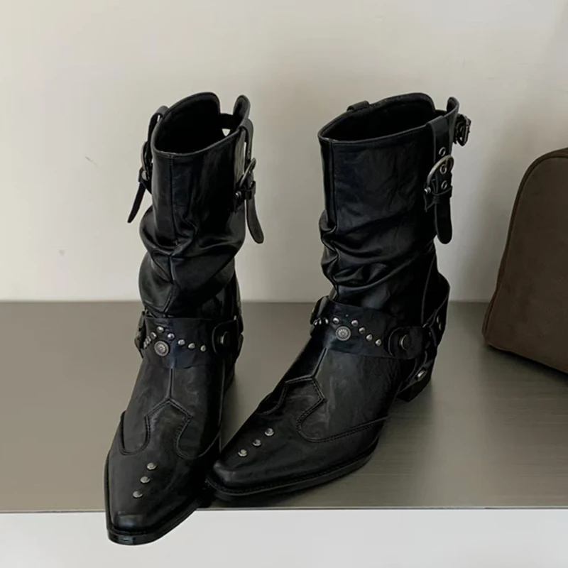 Eilyken New Design Rivet Buckle Strap Ankle Boots Woman Pointed Toe Square Low Heels Shoes Fashion Chelsea Botas De Mujer