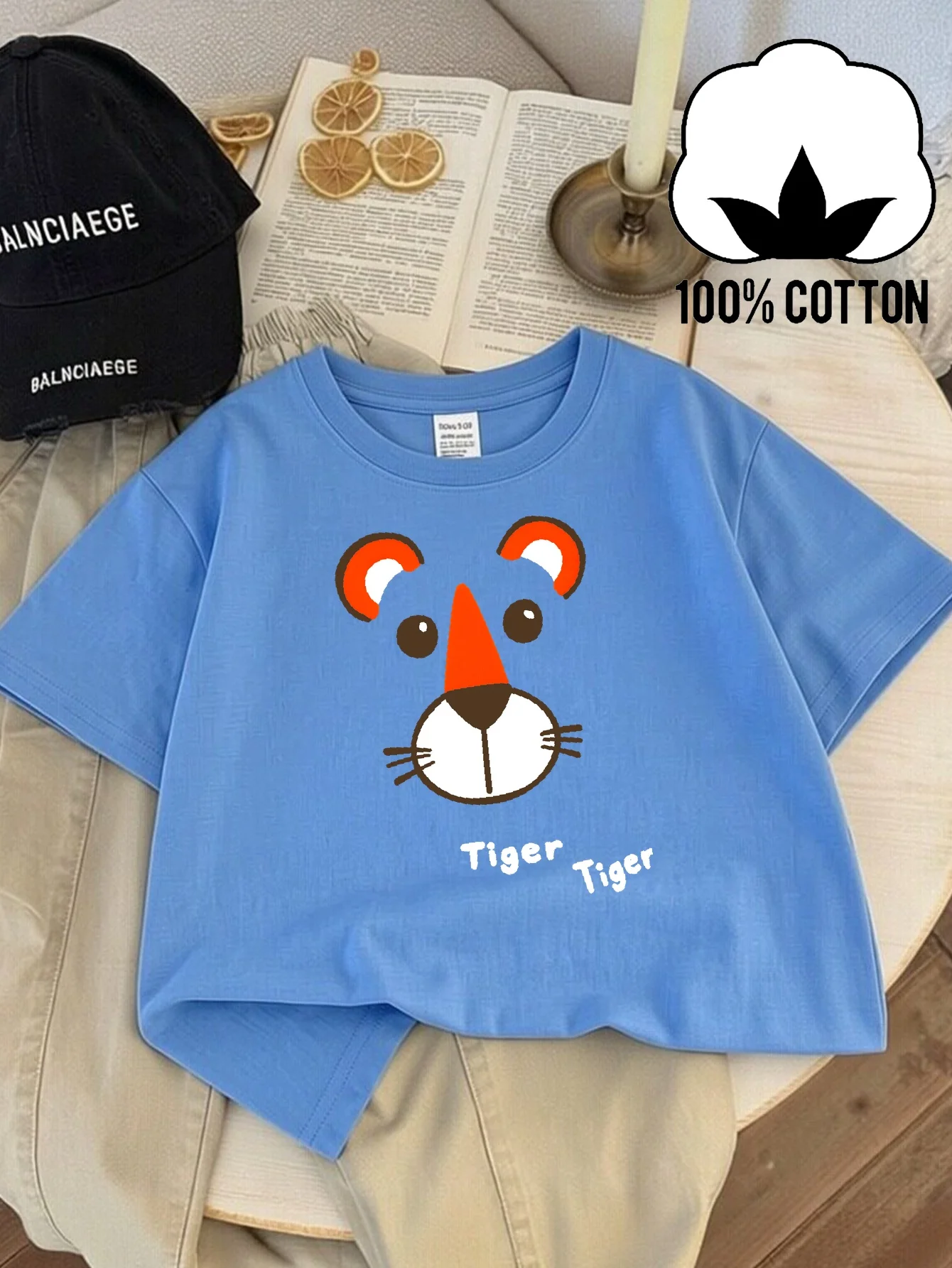 Tiger Head Decoration with Orange Nose and Ears Short Sleeved Tshirt for Girls and Boys Personalized Outdoor Parent-child Outfit