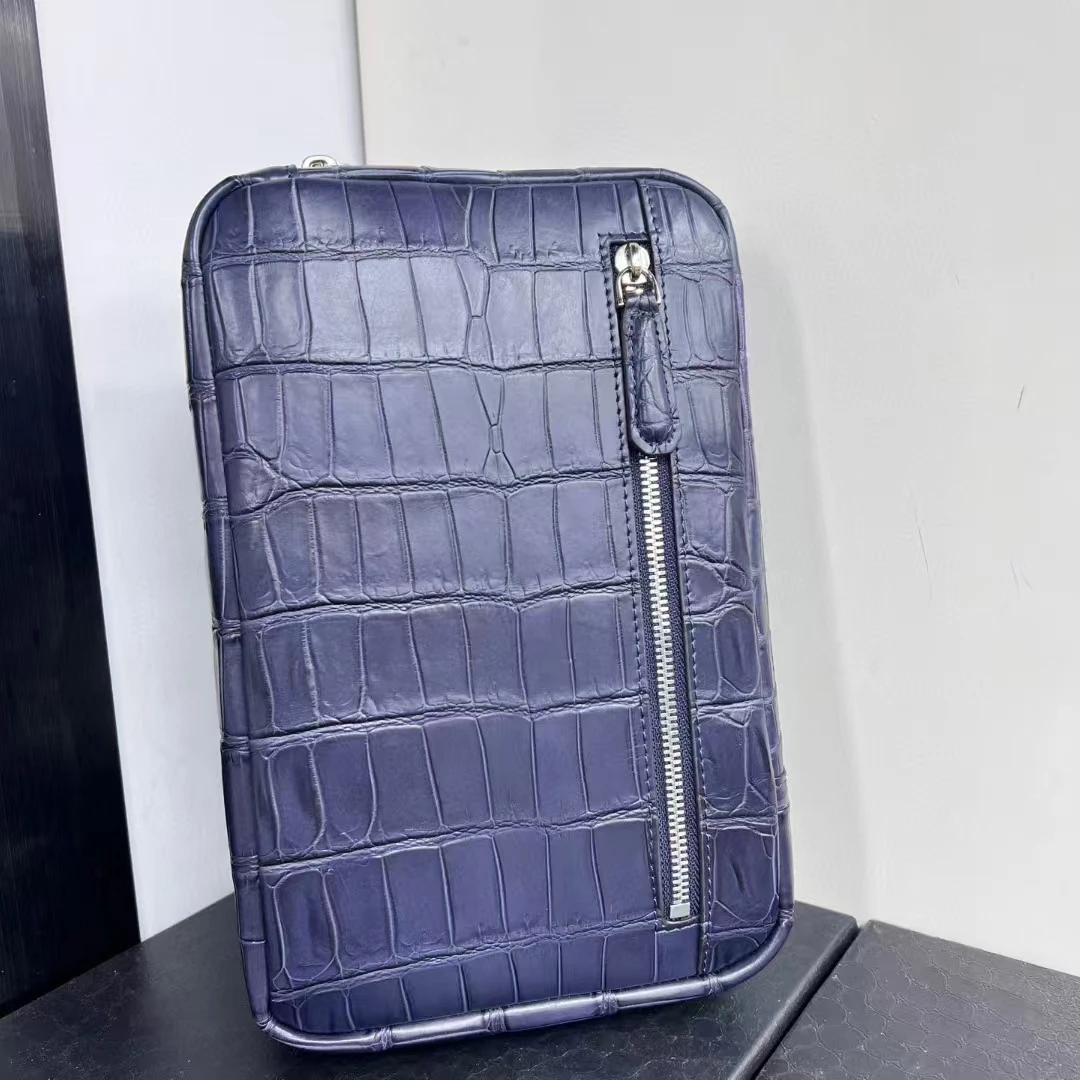 Calidad de lujo 100% cuero de cocodrilo real genuino piel del vientre hombres bolsa cruzada bandolera de piel de cocodrilo tamaño pequeño azul
