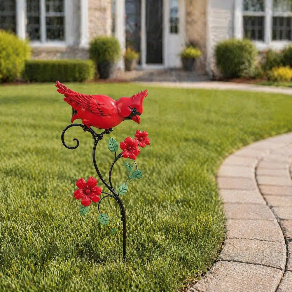 Weather Resistant Patio Ornaments Bird Garden Stake Metal Yard Art Painted Bird Flower Ornament Decorative for Patio for Loss