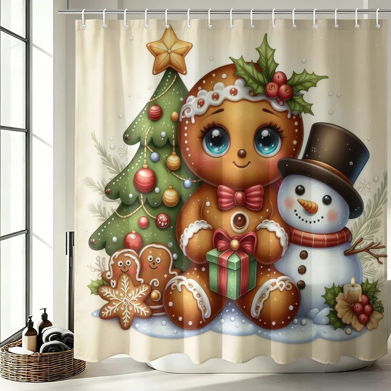 Christmas Gingerbread Man Shower Curtain Holiday Bathroom Partition Curtain with Hooks for Decorating Bathtubs and Shower Areas