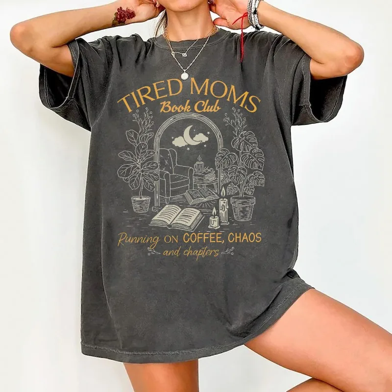 Image of Streetwear Vintage Tired Moms Book Club T-Shirt für Damen und Herren, Baumwoll-T-Shirt, lässig, Sommer, Oversize, locker, Neuheit, Geschenk für Buchliebhaber
