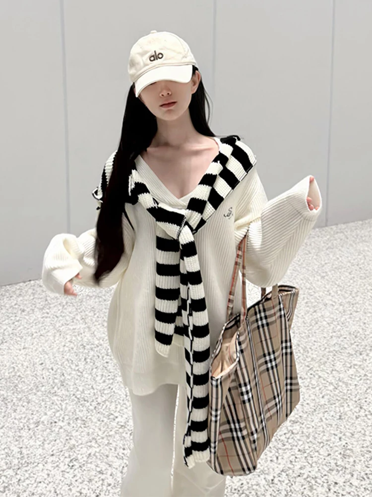 

Loose Knitted Sweater Set Women's Casual Loose Trousers Two-Piece Set Autumn Season V-Ne Long Sve Striped Pattern