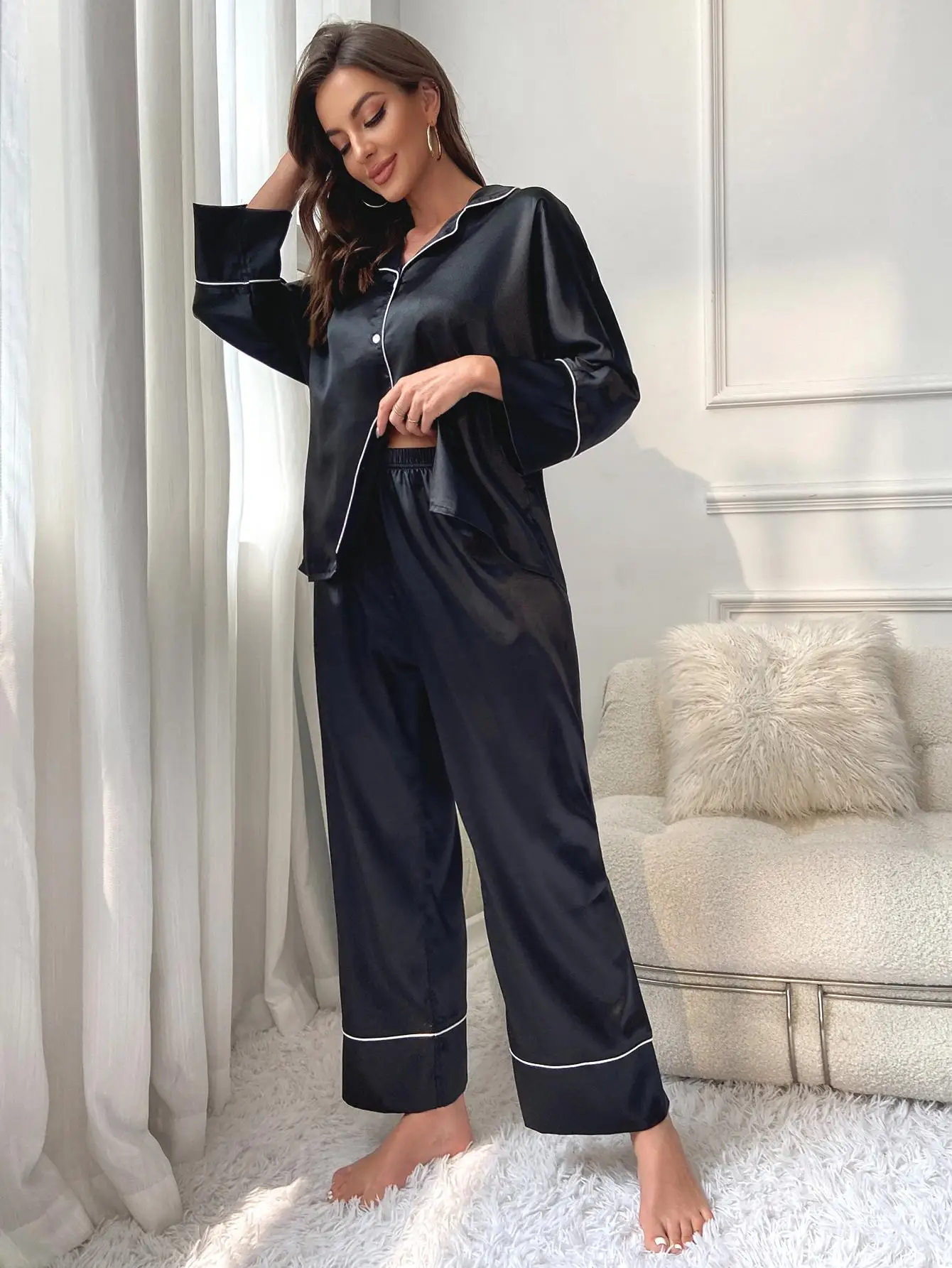 Damen-Pyjama-Set, Nachtwäsche, Anzug, Loungewear, Pyjama-Set, Satin, langärmelig, Oberteile mit Hosen, 2-teilig, Pyjama, Pyjama für Damen – Detail 12