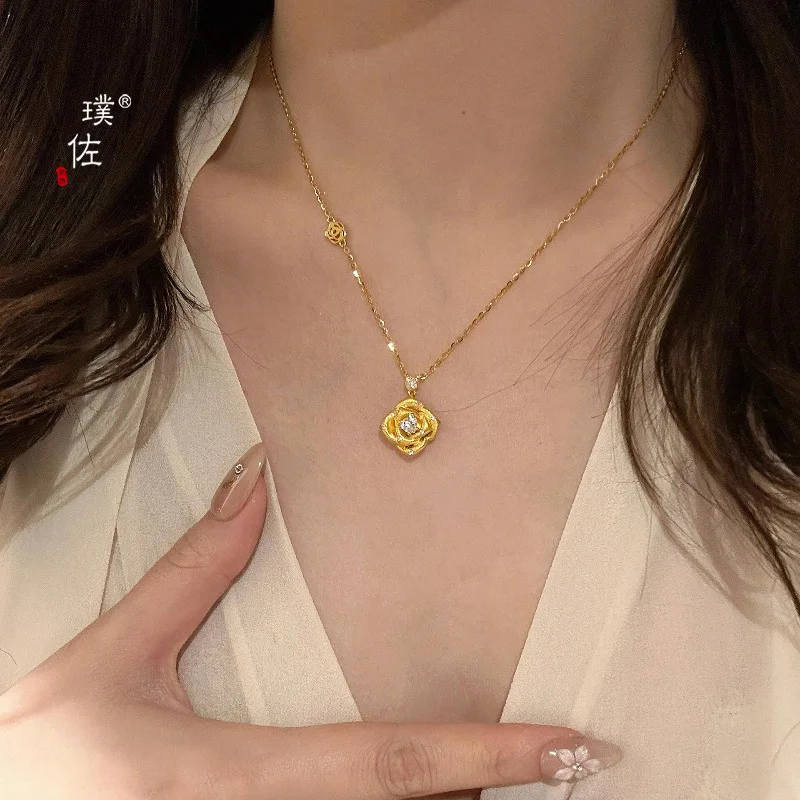 

Luxury 24K 9999 Pure Gold real gold Brushed Diamond Rose Pendant Necklace Women's Clavicle Chain