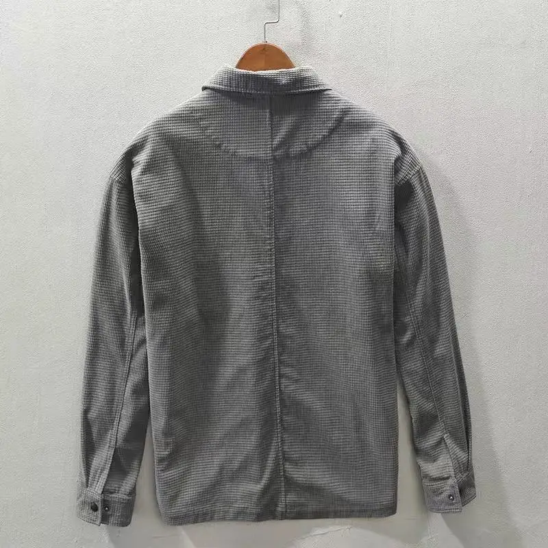 2026 Spring/Autumn New Waffle Checkered Casual Shirt Coat Top Pocket Heavy Retro Japanese Long Sleeve Shirt Loose