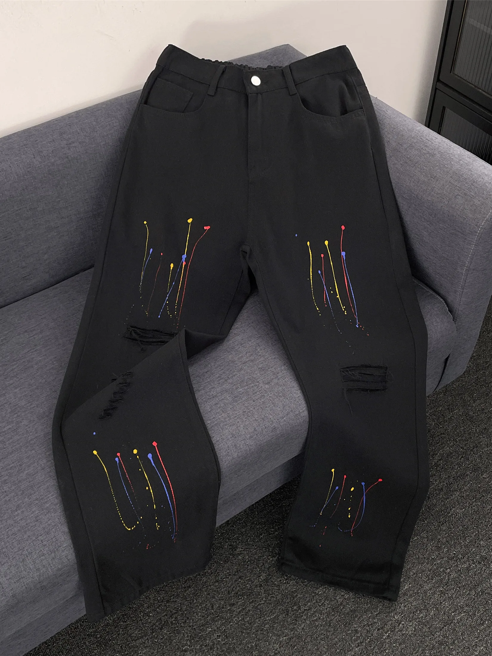 

American Vibe Men's Casual Straight Leg Jeans Dye Spill High Street Hip Hop Washed out Loose Slimming Loose Fit Jeans