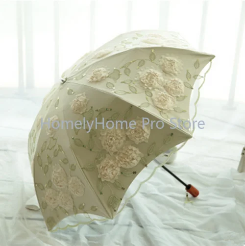 Retro Lace 3D Flower Embroidery Fold Umbrella Black Coated UV Protection Sun Parasol 2 Fold Rainproof Windproof Ladies Sunshade