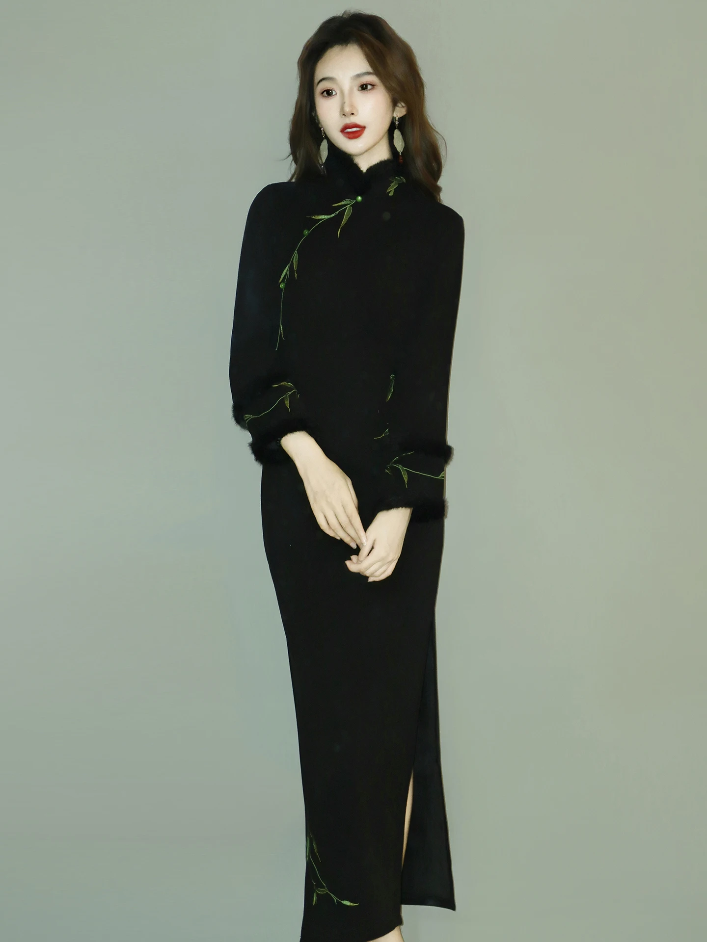 

Зимнее винтажное женское платье Ele Bla: высококачественное, тканое, с длинными рукавами, с высоким разрезом, для повседневной носки, модное