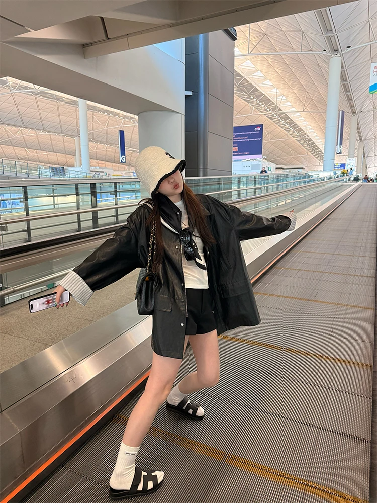 เสื้อแจ็คเก็ตหนัง PU ลายทางแนวตั้ง สไตล์เรโทร รุ่นสบายๆ เท่ๆ สไตล์ไบค์เกอร์ สำหรับผู้หญิง