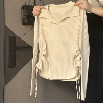 우아한 폴로 칼라 긴 소매 니트 탑 여성 가을 내부 기본 레이어 디자인 감각 Drawstring Ruffles 슬리밍 탑 