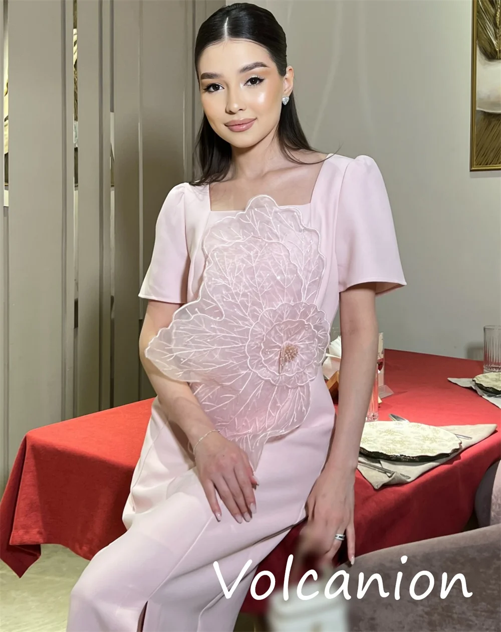 Customized Pastrol Unisex Jersey Flower A-line Square Neck Midi Dresses Bespoke Occasion Chinese Style