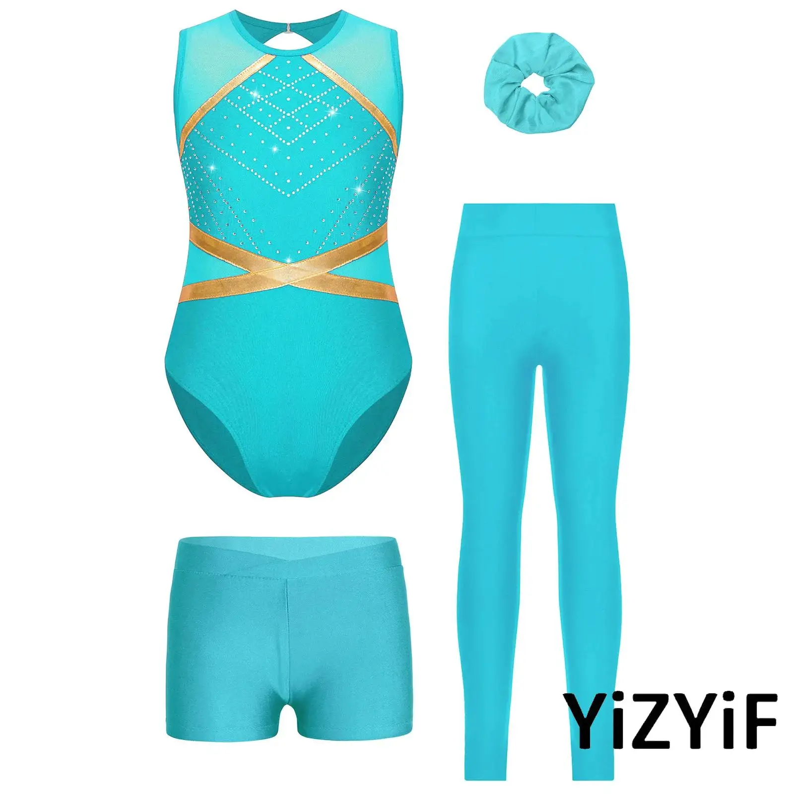 

4 Pieces Kids Girls Gymnastics Figure Skating Dance Costume Sleeveless Glittery Rhinestones Leotard+Shorts Leggings+Headwear