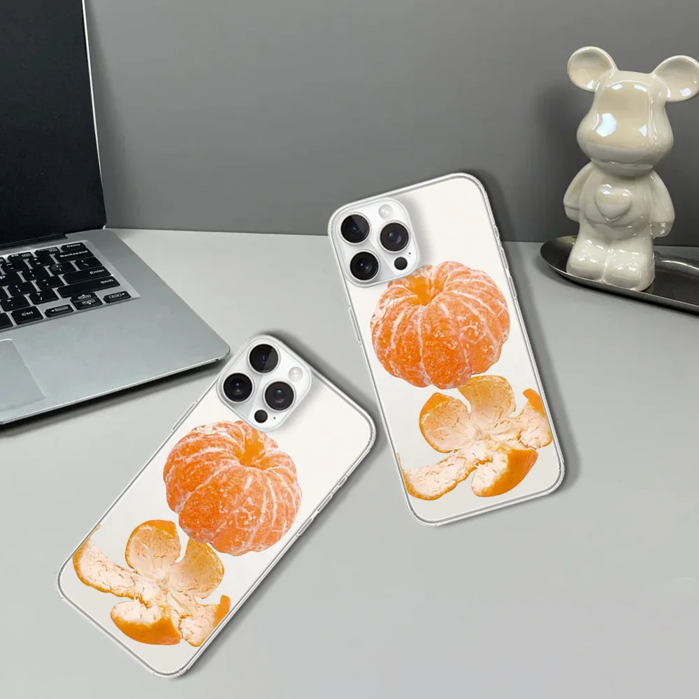 Tangerine Cute Peel Fruit Oranges Simple Phone Case For iPhone 12 11 13 14 15 16 Max Pro Plus Transparent Soft Shell