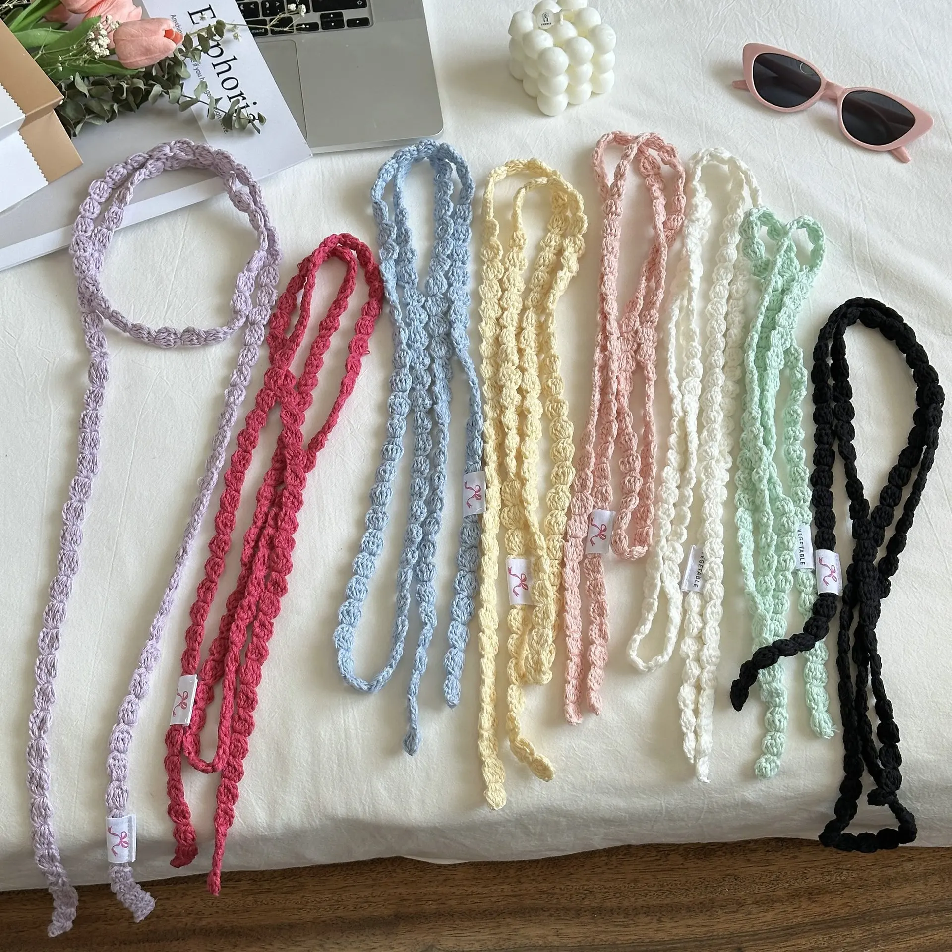 New Dopamine Color Ribbon Handmade Crochet Knitted Silk Scarf Sweet Cool Hot Girl Neck Band Decoration Japanese Style Headband