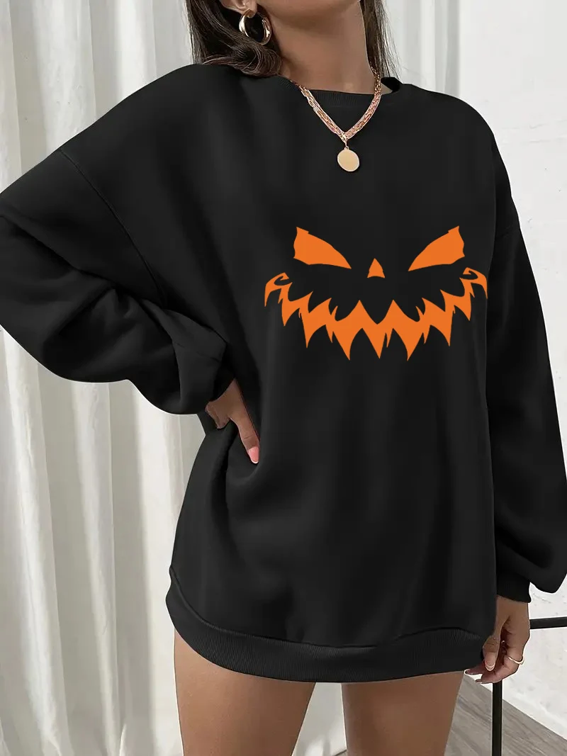 Halloween demon print long-sleeved hoodie, women's comfortable crew-neck hoodie suitable for outdoor work wear women's clothing