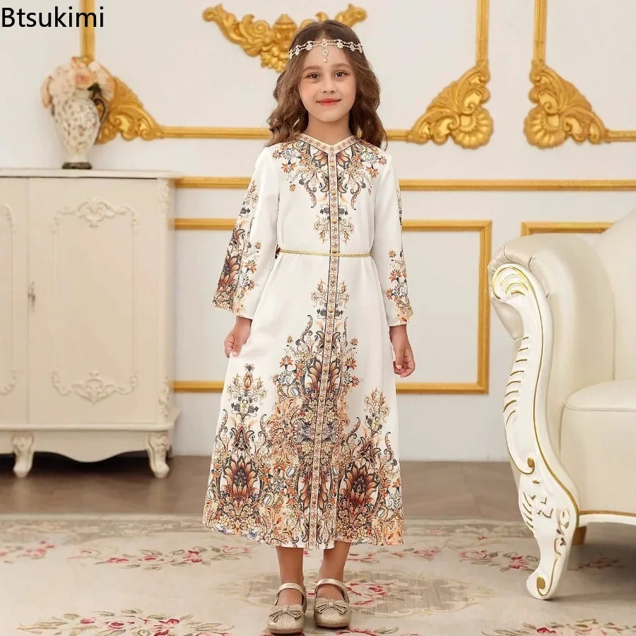 

Ближневосточные халаты для девочек, мусульманская мода, абайи, арабский турецкий кафтан, Дубай, исламская детская одежда, платье с принтом, вечерние платья