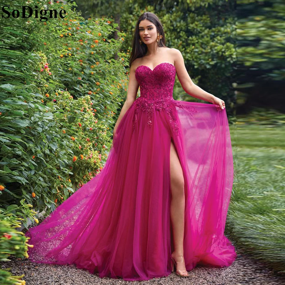 SoDigne Fuchsia Sweetheart Tulle Evening Dresses A-Line Lace Appliques Bridesmaid Dress 2024 Fashion Prom Gown for Special Event