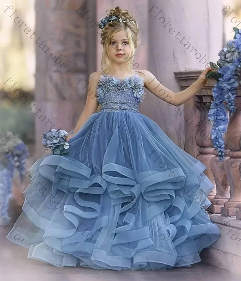 Customized Dusty Blue Strapless Kids Pageant Gown 3D Floral Rhinestone Bodice Multi Layer Ruffle Tulle Skirt Birthday or Wedding
