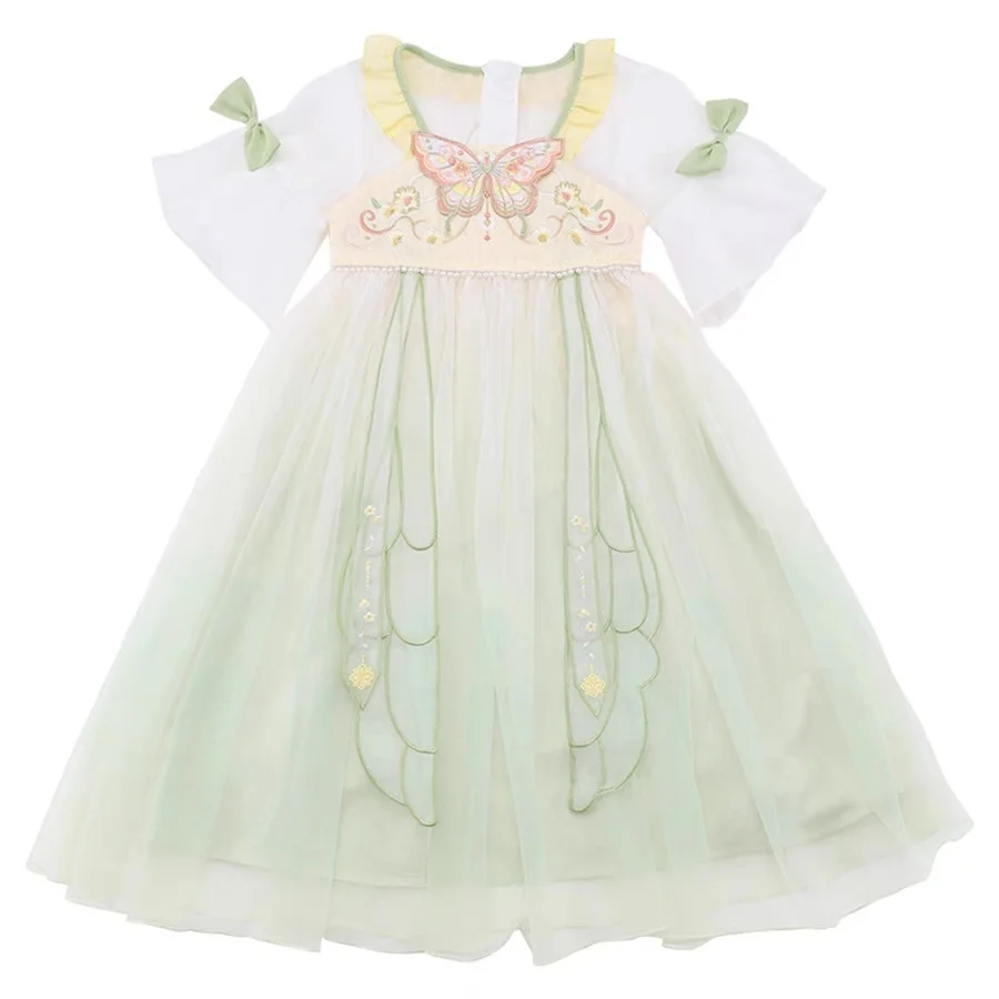 فستان أميرة فراشة مطرز للأطفال هانفو ، فستان هان شبكي طويل ، على الطراز الصيني الجديد ، الصيف ،