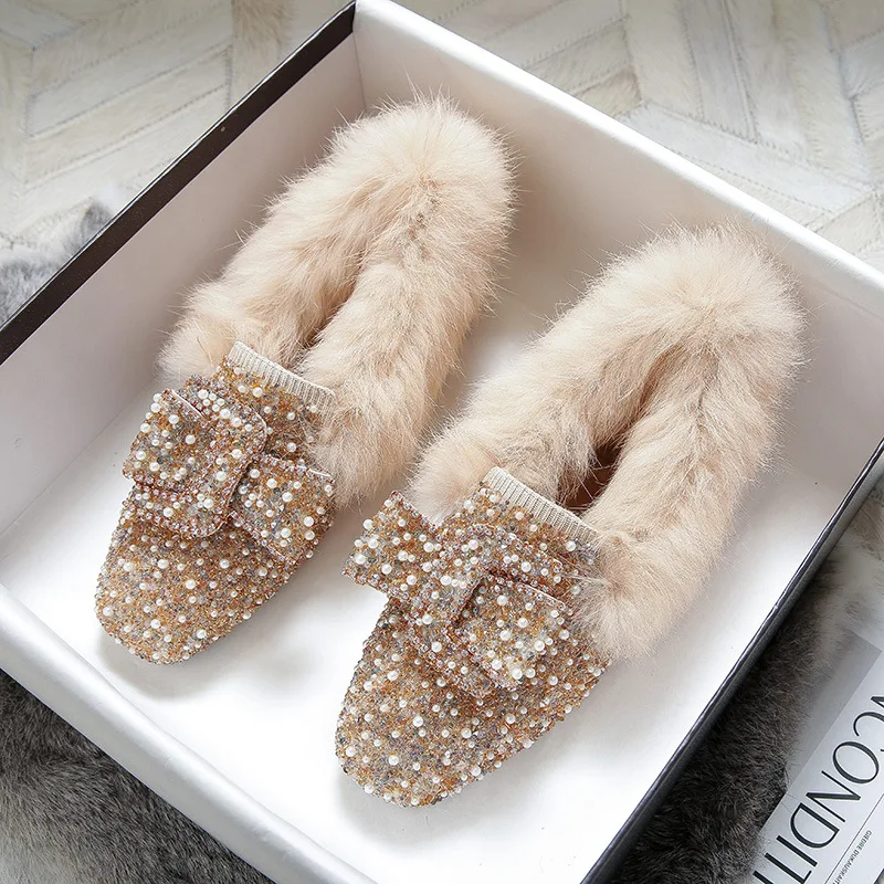 

Rabbit Fur Loafers Women Shoes Rhinestone Butterfly Knot Square Toe Shoes Winter Slip on Low Heels Shallow Luxury Furry Slides