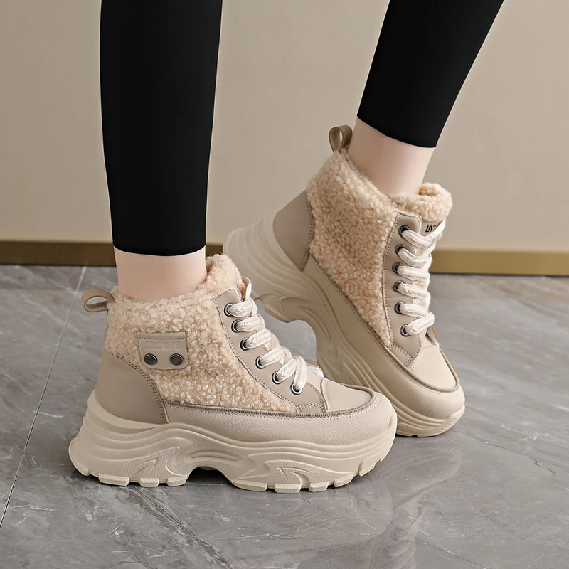 أحذية شتوية نسائية عالية الجودة مع بطانة من الصوف، أحذية ثلج، مريحة ودافئة، كاجوال خارجي H6581