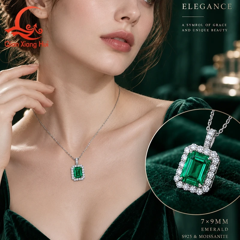 Lab Grown Emerald Pendant 925 Silver Halo Necklace With White Moissanite Stones, Rectangle Emerald Cut Gemstone Jewelry Gift