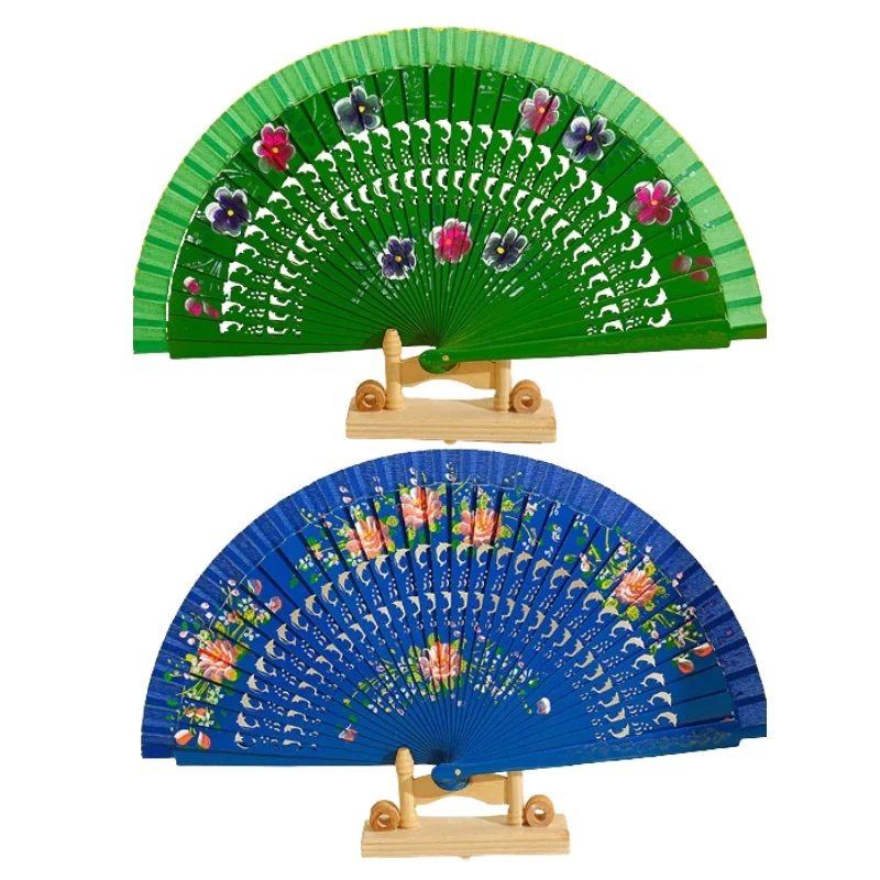 Vintage Spanish Folding Fan for Women Double-Side Flower Painting Gypsy Wooden Hand Fan for Dance Festival Decoration