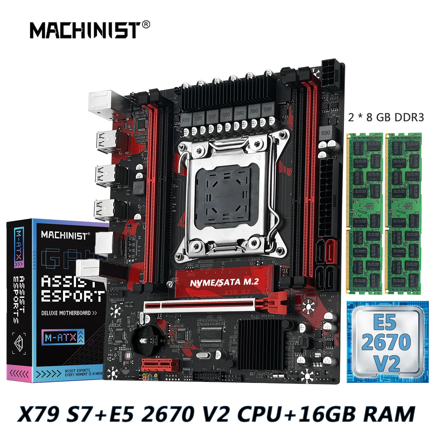 

MACHINIST X79 S7 Motherboard Kit LGA 2011 Xeon E5 2670 V2 CPU DDR3 Processor 8GB*2pcs 1333MHz NVMe M.2 SATA Dual Channel Memory