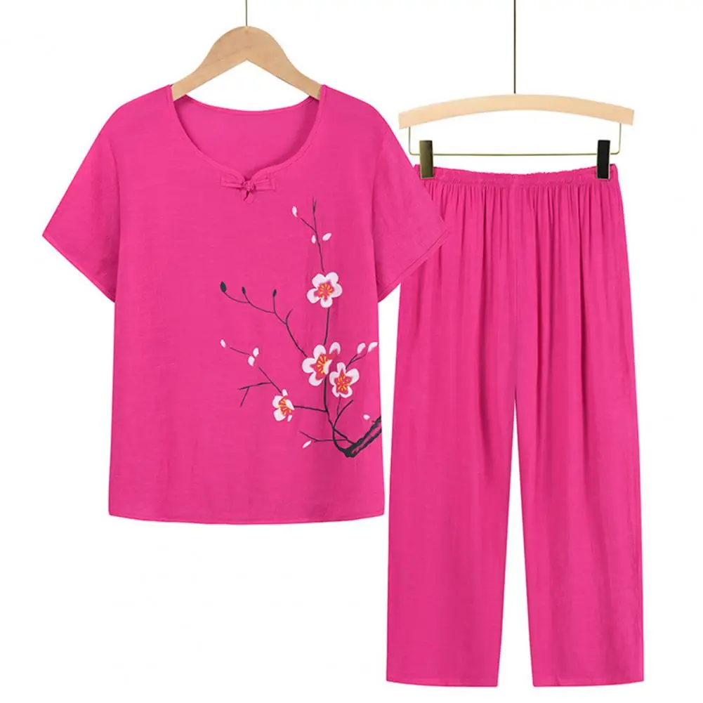 

Homewear T-shirt Trousers Set Elegant Mid-aged Women's Pajama Set with Flower Print Short Sleeve Top Wide Leg Pants for Mother