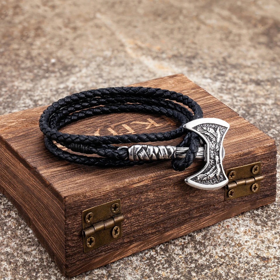 Norse Hatchet Multi-layer Leather Bracelets Men Stainless Steel