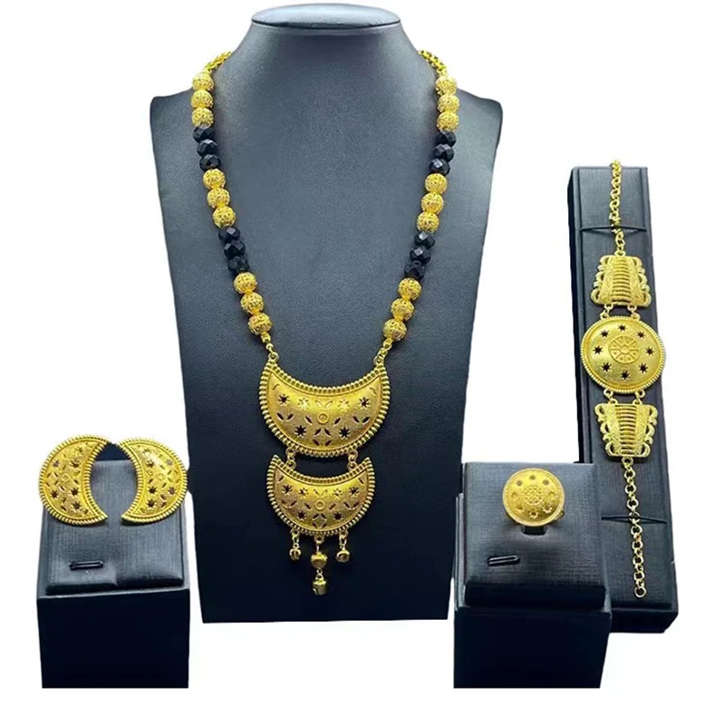 Vintage Arab Women Wedding Dress Jewelry Necklace Earrings Bracelet Ring Set Gift Dubai Metal GoldColor  Women Jewelry Set Gift
